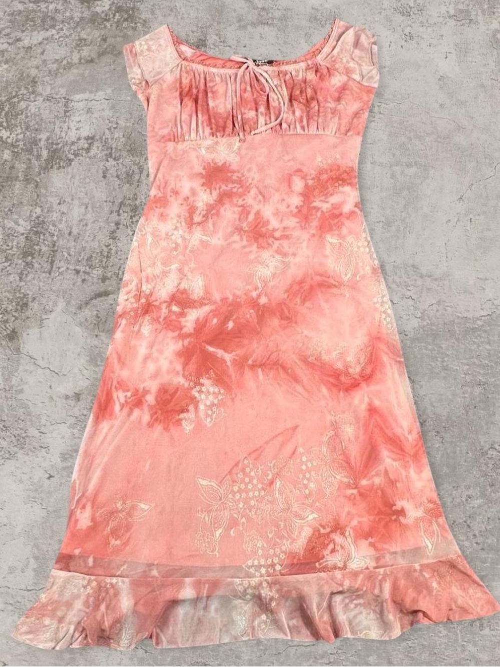 Vintage Y2K Pink Watercolor Butterfly Ruffled Hem Midi Dress By Taboo Small